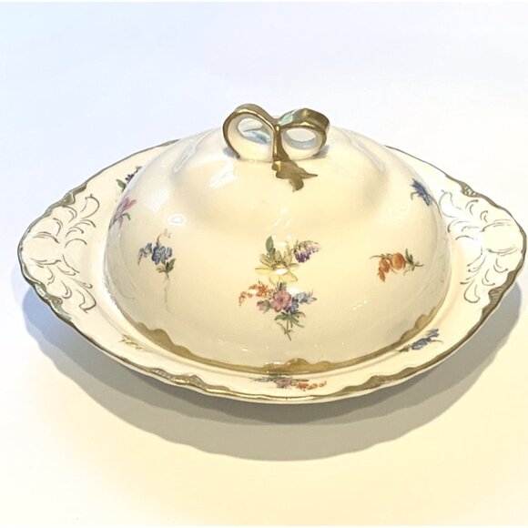 Vintage Dresden By Warwick Round Porcelain Floral Butter Dish With Lid & Gold Ha - Picture 1 of 12